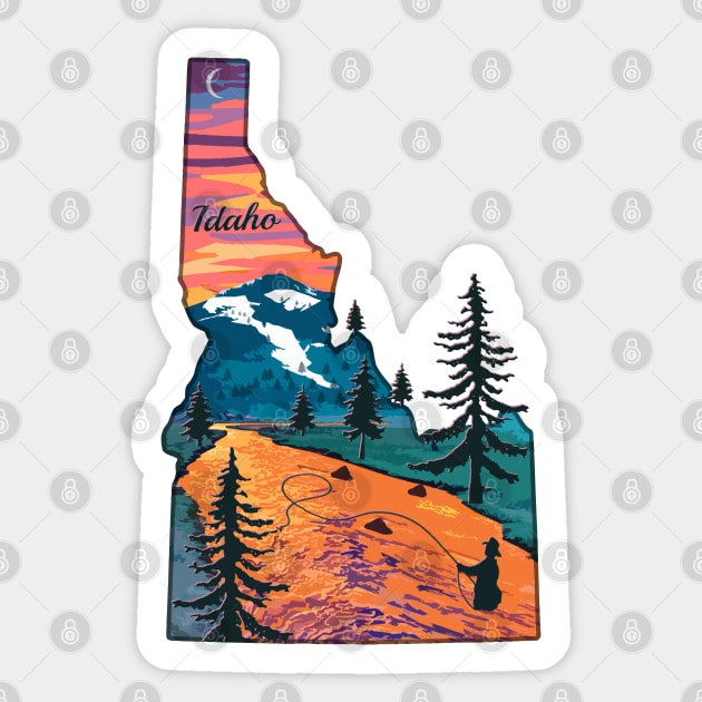 Fly Fishing Idaho State Map Mountain Sunset River Retro Sticker by TeeCreations